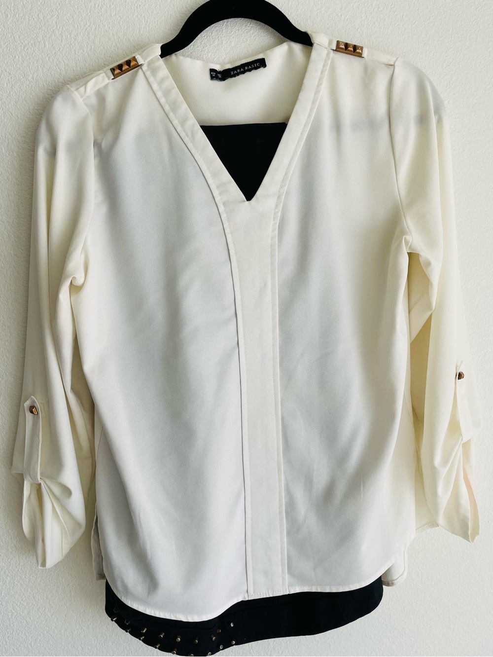 Zara Cream V-Neck Blouse with Gold Stud Accents
